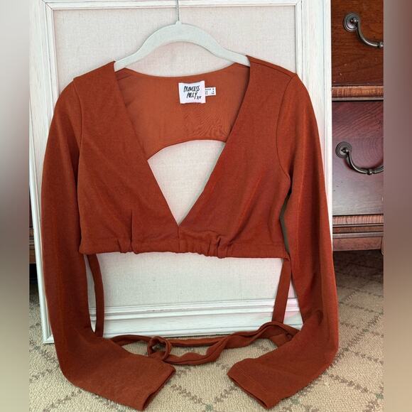 Princess Polly Burnt Orange V neck cropped top with tie back and cutout 4 - Picture 1 of 11